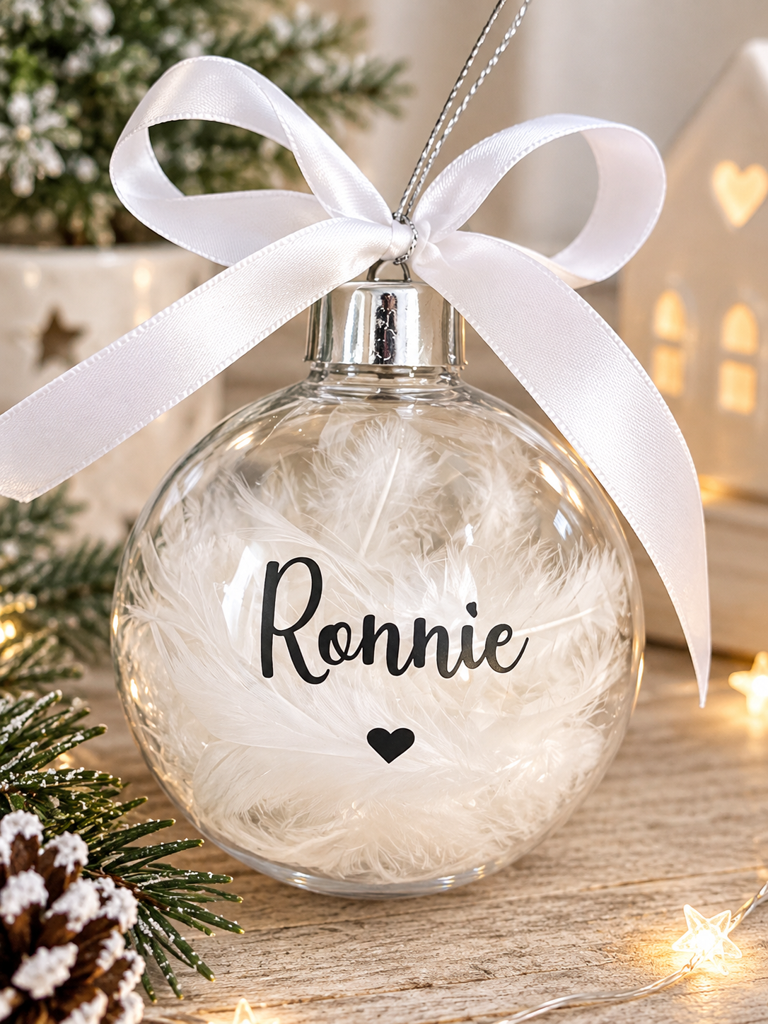 Personalised Feather Christmas Bauble, Clear Plastic Ornament with Ribbon (Custom Name)