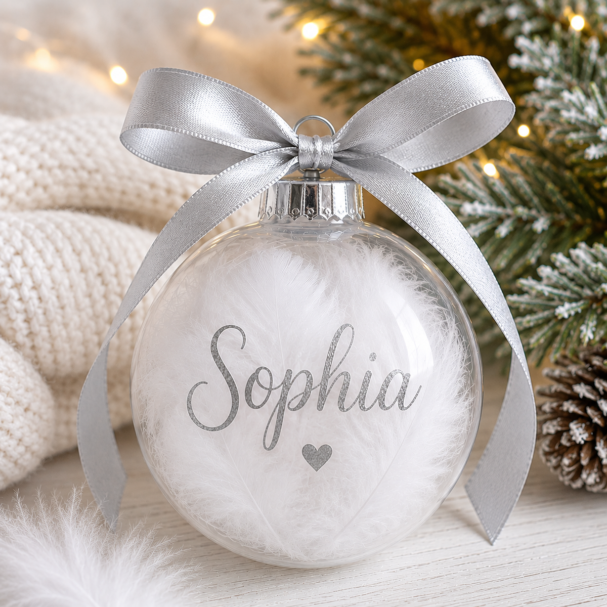 Personalised Feather Christmas Bauble, Clear Plastic Ornament with Ribbon (Custom Name)
