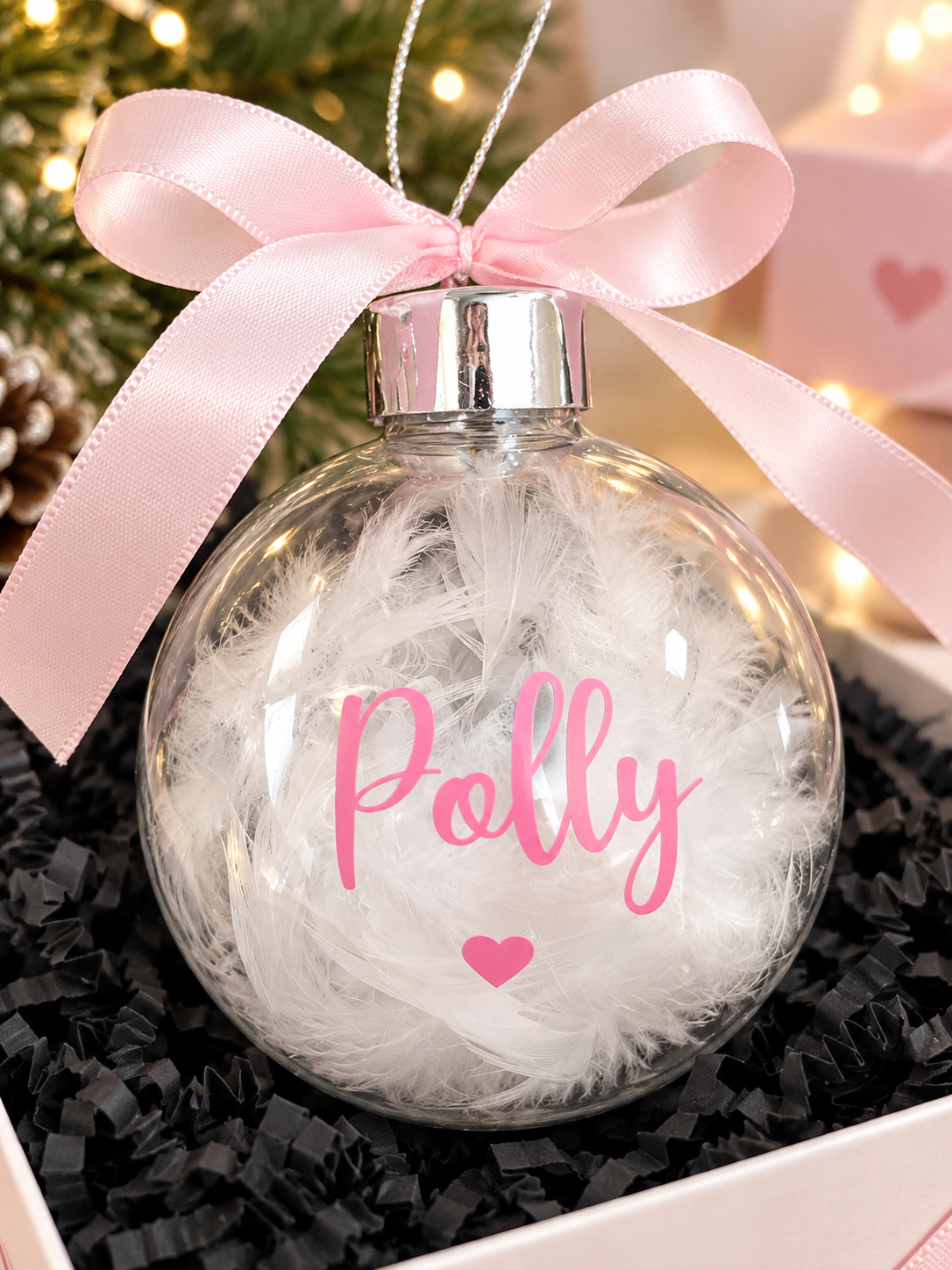 Personalised Feather Christmas Bauble, Clear Plastic Ornament with Ribbon (Custom Name)