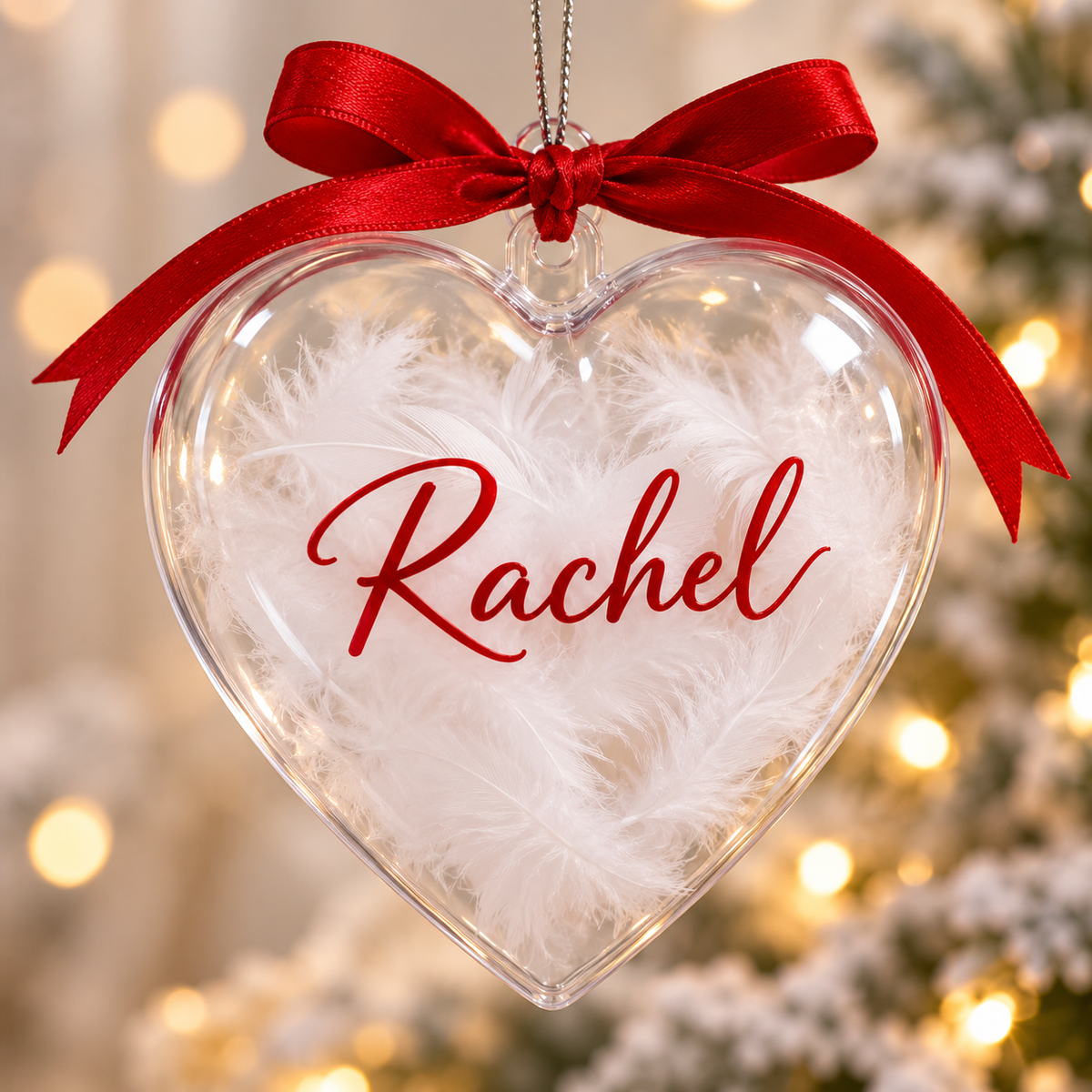 Personalised Feather-Filled Heart Bauble | Custom Name Christmas Ornament (8cm)