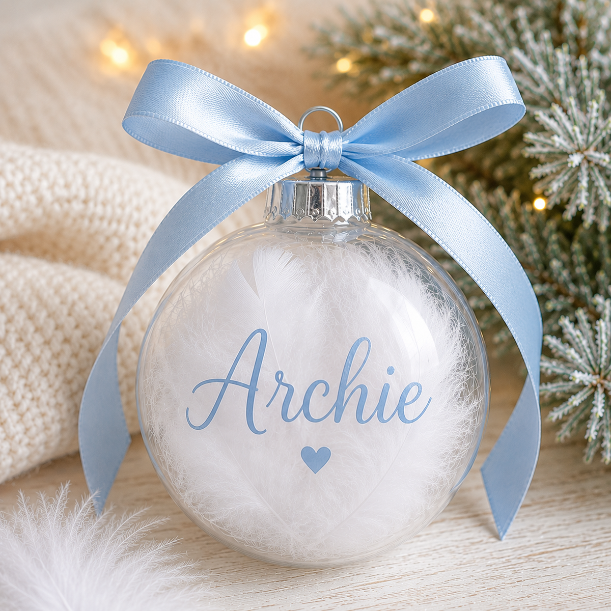 Personalised Feather Christmas Bauble, Clear Plastic Ornament with Ribbon (Custom Name)