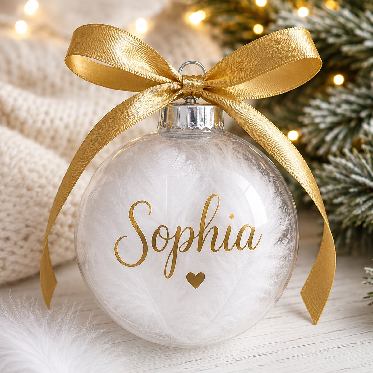 Personalised Feather Christmas Bauble, Clear Plastic Ornament with Ribbon (Custom Name)