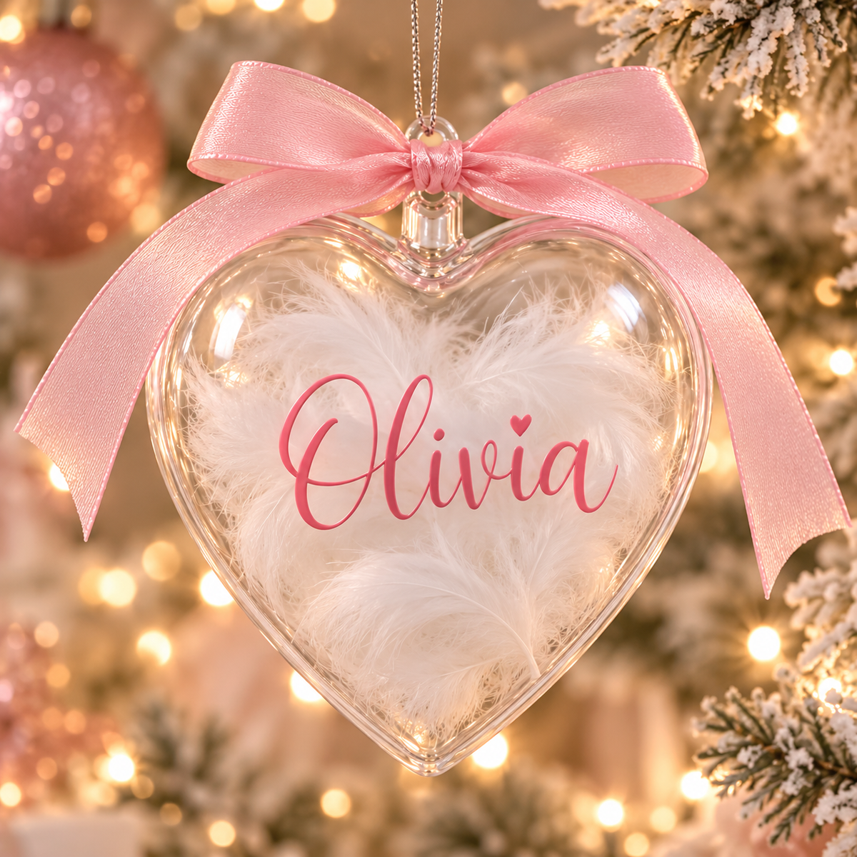 Personalised Feather-Filled Heart Bauble | Custom Name Christmas Ornament (8cm)