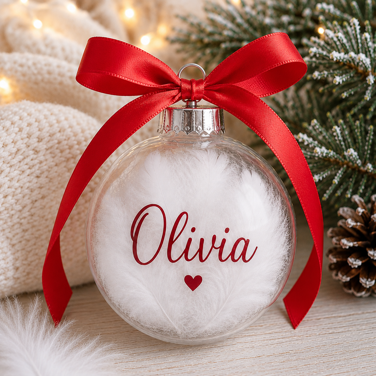 Personalised Feather Christmas Bauble, Clear Plastic Ornament with Ribbon (Custom Name)