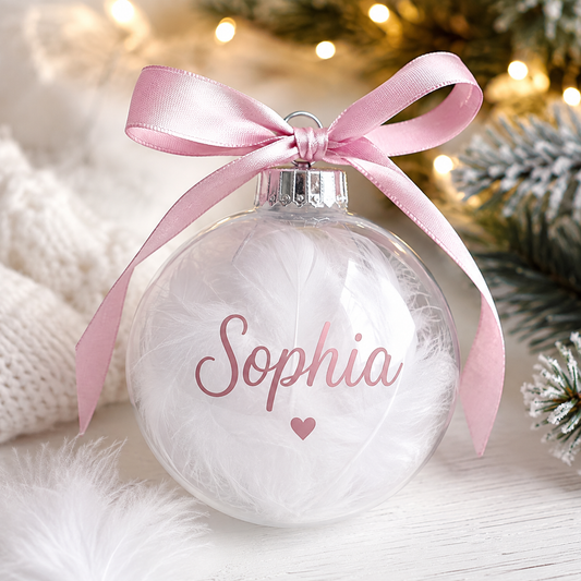 Personalised Feather Christmas Bauble, Clear Plastic Ornament with Ribbon (Custom Name)