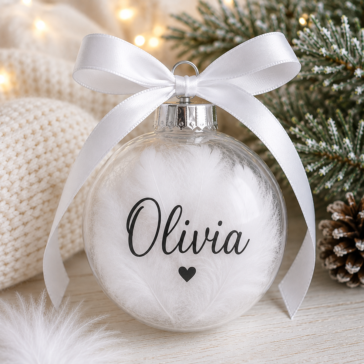 Personalised Feather Christmas Bauble, Clear Plastic Ornament with Ribbon (Custom Name)
