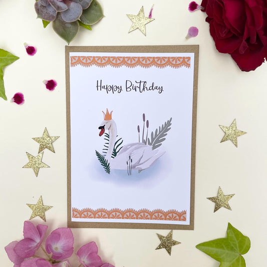 Happy Birthday Greeting Card | Swan | Friend Birthday Card | Mum Burthday Card | Sister Birthday Card | Floral Birthday Card